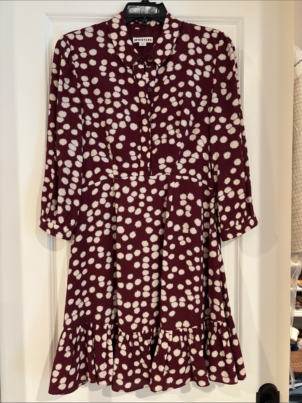 Whistles Burgundy and Cream Polka Dot Ruffle-Hem Mini Dress